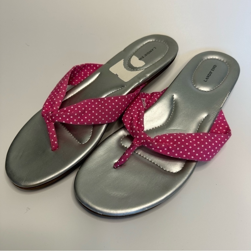 Lands' End Women’s Sandals Size 8B Silver Pink Polka Dot Thong Flip Flop